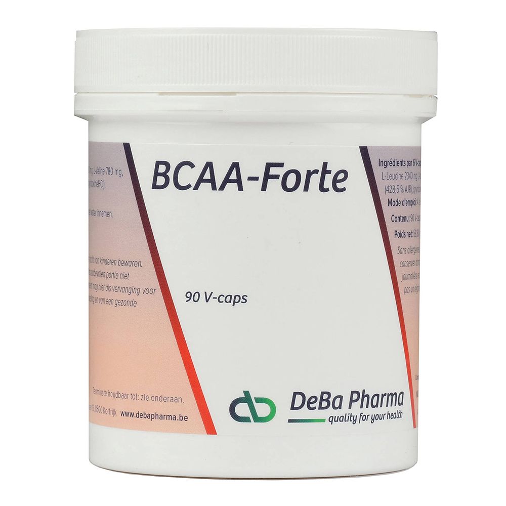 Boîte blanche BCAA-Forte. Inscription: 90 V-capsules. Logo DeBa Pharma.