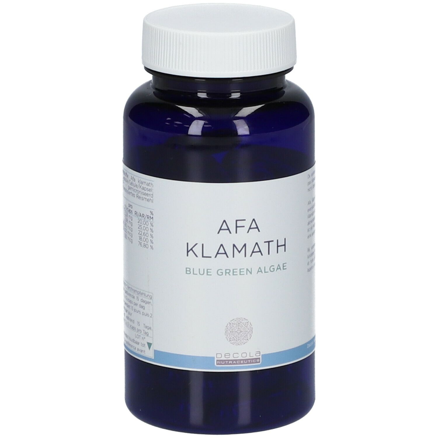 Blauwe fles met witte dop. Opschrift: AFA Klamath Blue Green Algae. Decola Nutrition.