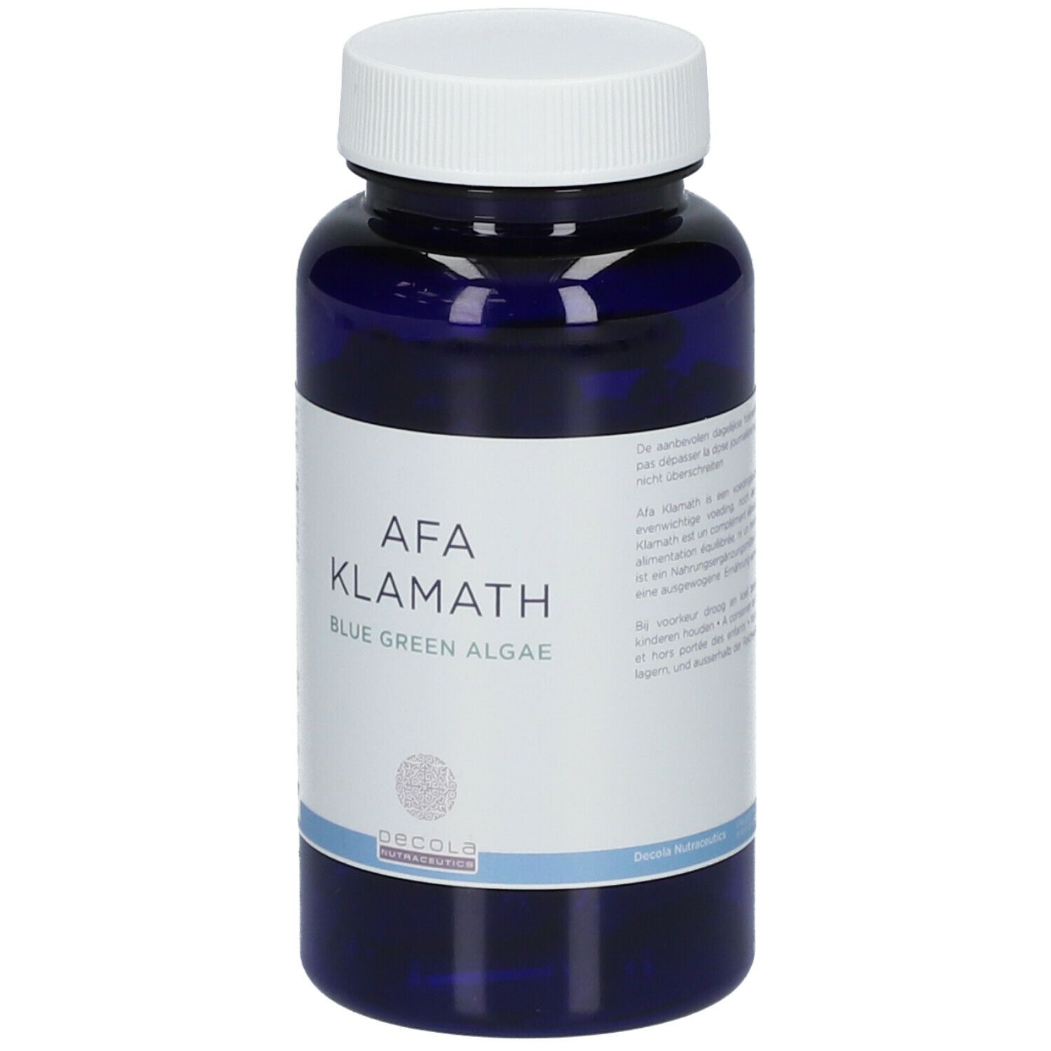 Blauwe fles met witte dop. Opschrift: AFA Klamath Blue Green Algae. Decola Nutrition.
