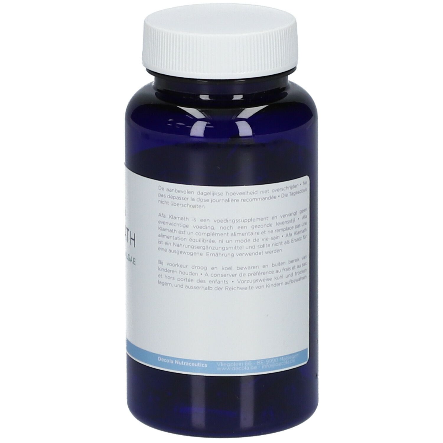 Blauwe fles met witte dop. Achterkant met meertalige tekst. Decola Nutrition.