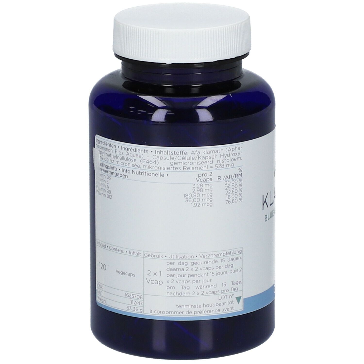 Blauwe fles met witte dop. Etiket met ingrediënten en voedingswaarde. 120 Vcaps. Decola NutriScience.