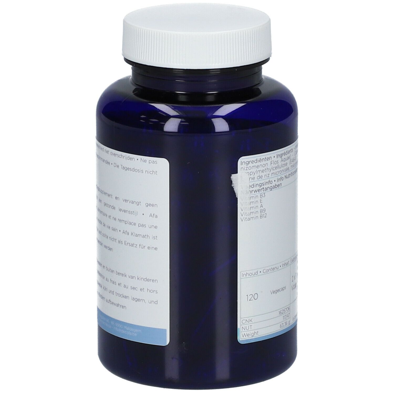 Blauwe fles met witte dop. Etiket met ingrediënten en voedingswaarde. 120 Vcaps. Decola NutriScience.