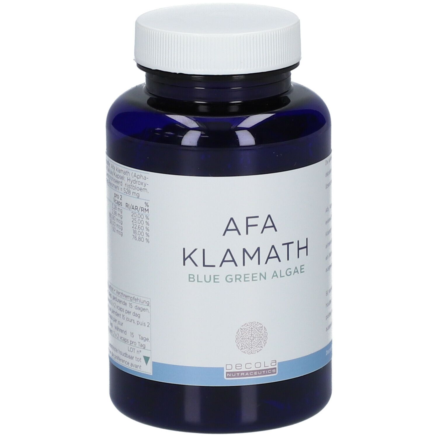 Blauwe fles met witte dop. Op het etiket staat: AFA Klamath Blue Green Algae. Decola NutriScience logo.