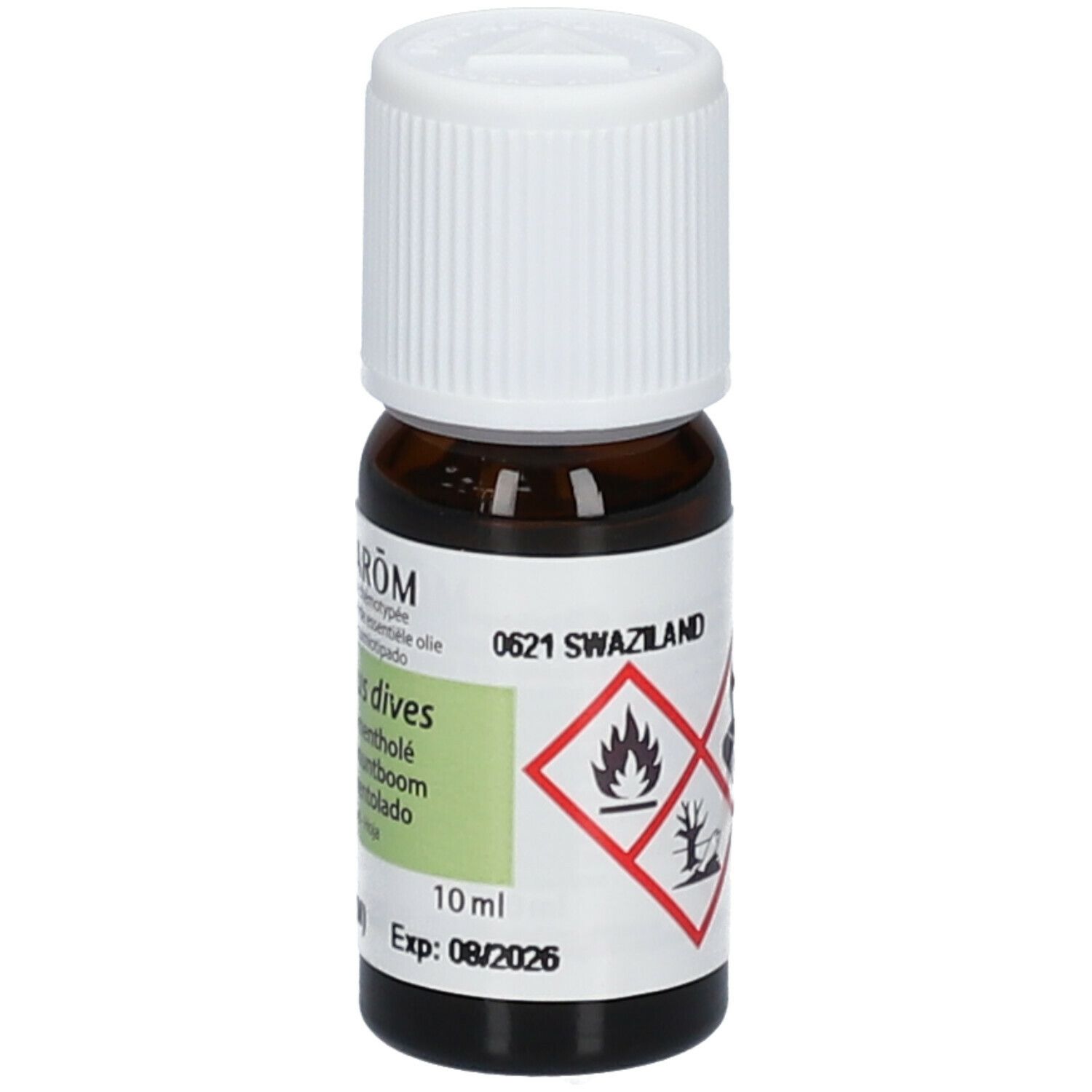 Flacon en verre brun avec bouchon blanc. Étiquette avec informations produit et symboles de danger. Marque PRANAROM.