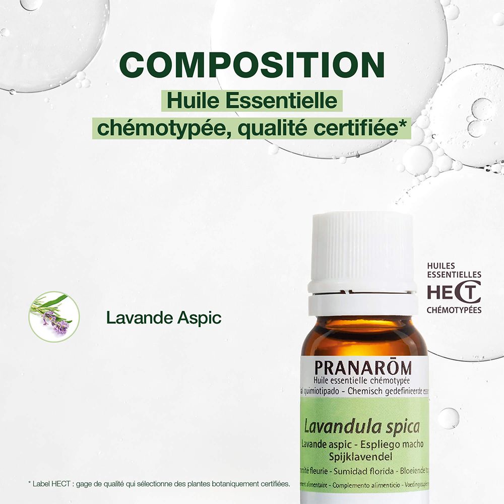 Produktflasche mit Etikett. Text: Composition, Huile Essentielle chémotypée, qualité certifiée*. HECT-Logo.