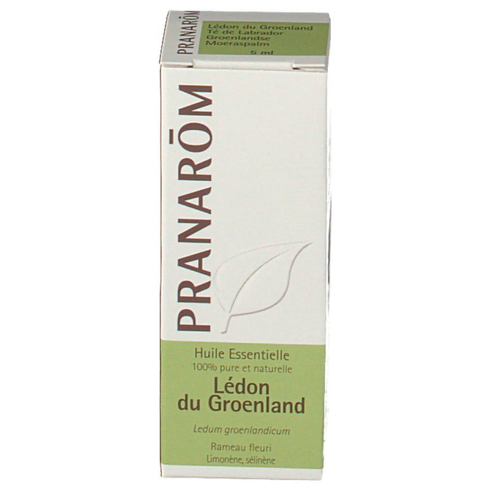 Boîte PRANAROM, 'Lédon du Groenland'. Vert et blanc, logo feuille. Huile essentielle 100% pure et naturelle.