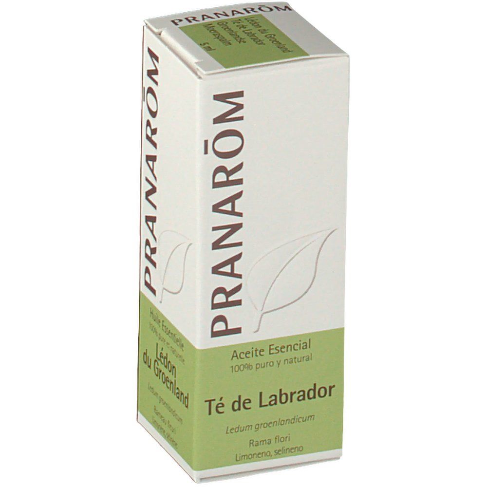 Boîte PRANAROM, 'Té de Labrador'. Vert et blanc, logo feuille. 'Aceite Esencial' et ingrédients visibles.