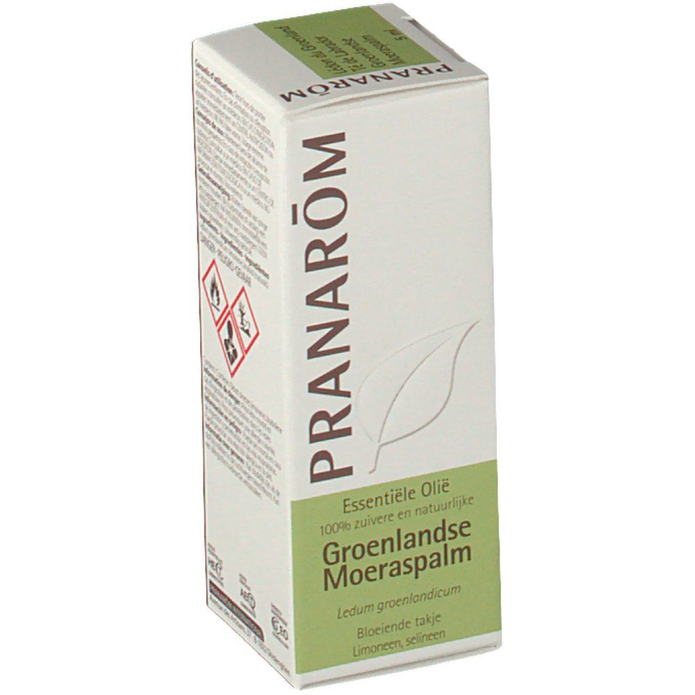 Boîte PRANAROM, 'Groenlandse Moeraspalm'. Vert et blanc, logo feuille. 'Essentiële Olie'.