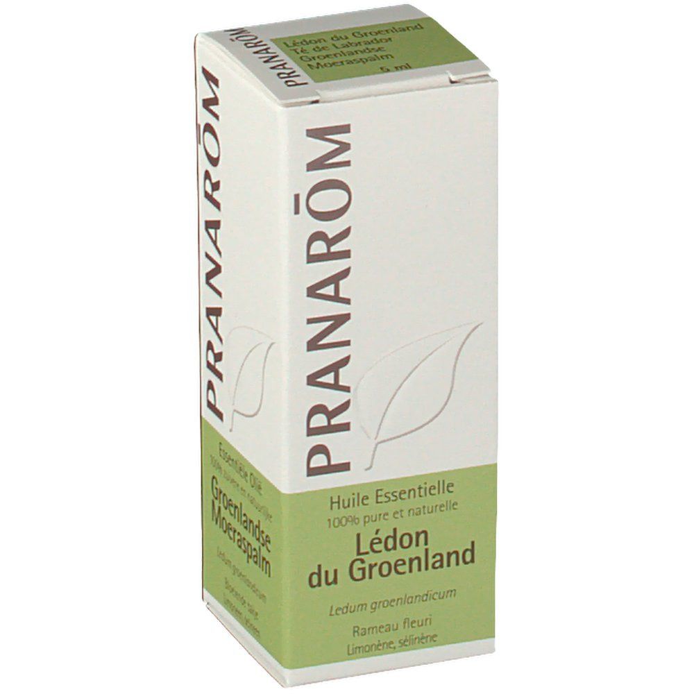 Boîte PRANAROM, 'Lédon du Groenland'. Vert et blanc, logo feuille. 'Huile Essentielle'.