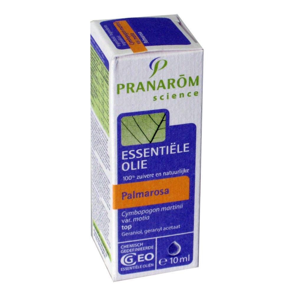 Emballage en carton bleu et blanc. Contient des informations sur le produit et le logo. Palmarosa.