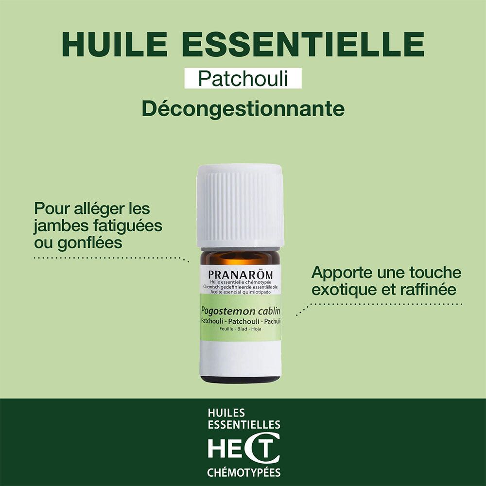 Pranarom Patchouli ätherisches Öl. Flasche. Text: Huile Essentielle, Décongestionnante. Für müde Beine.