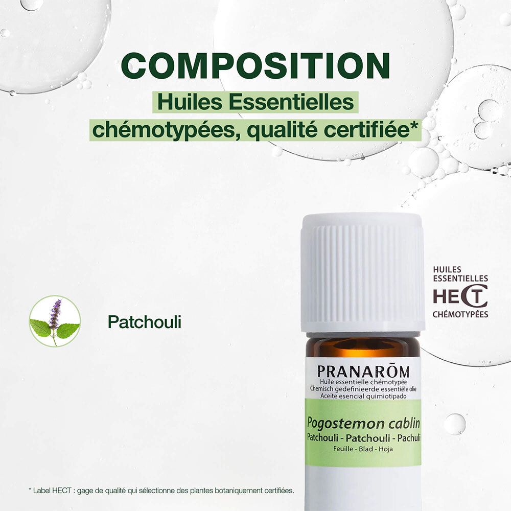 Pranarom Patchouli ätherisches Öl. Flasche. Text: Composition, Huiles Essentielles chémotypées, qualité certifiée.