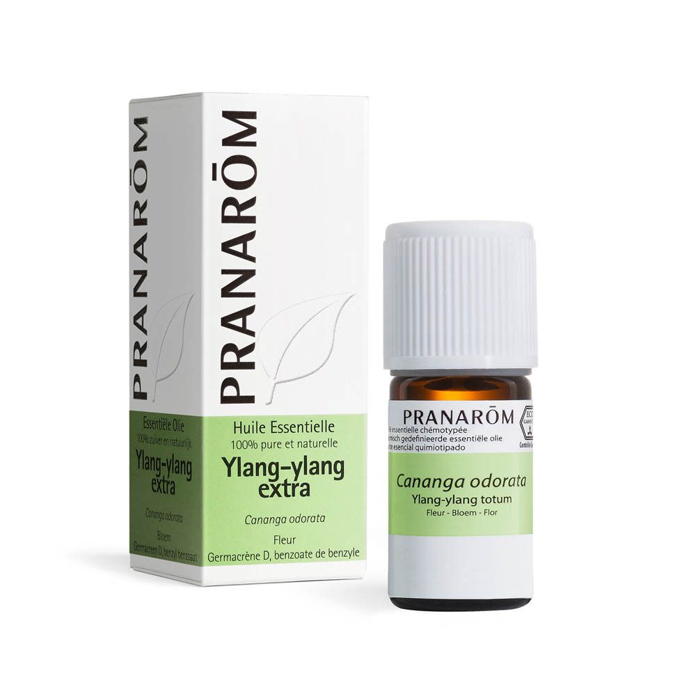 PRANAROM Ylang-Ylang Extra Flasche und Verpackung. Flasche und Schachtel mit Text.