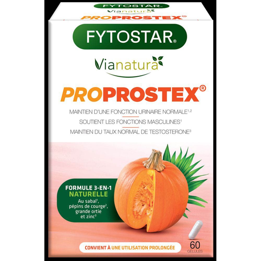 Boîte de ViaNatura Proprostex. Contient 60 gélules. Inscription : PROPROSTEX, illustration de citrouille, 45+.