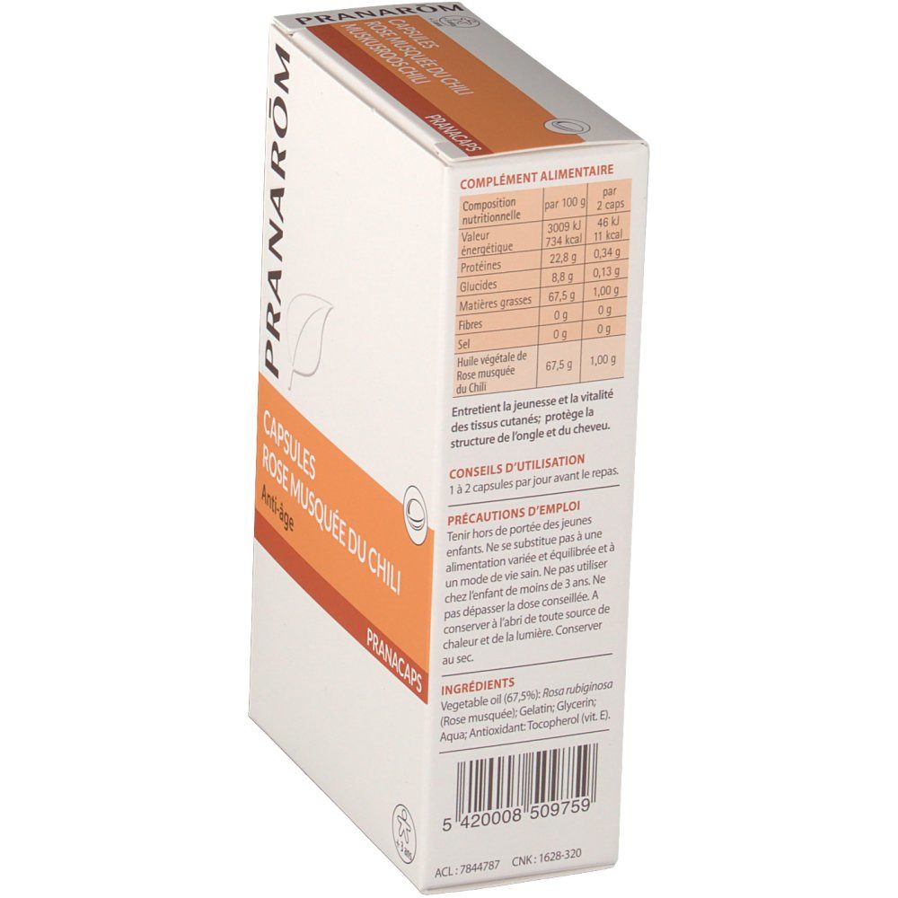 Boîte en carton avec informations produit. Inscription: Pranarom, Capsules Rose Musquée du Chili, Anti-âge. Détails nutritionnels.