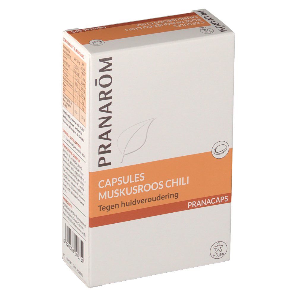 Boîte en carton, blanche et orange. Inscription: Pranarom, Capsules Muskusroos Chili, Tegen huidveroudering. Logo.