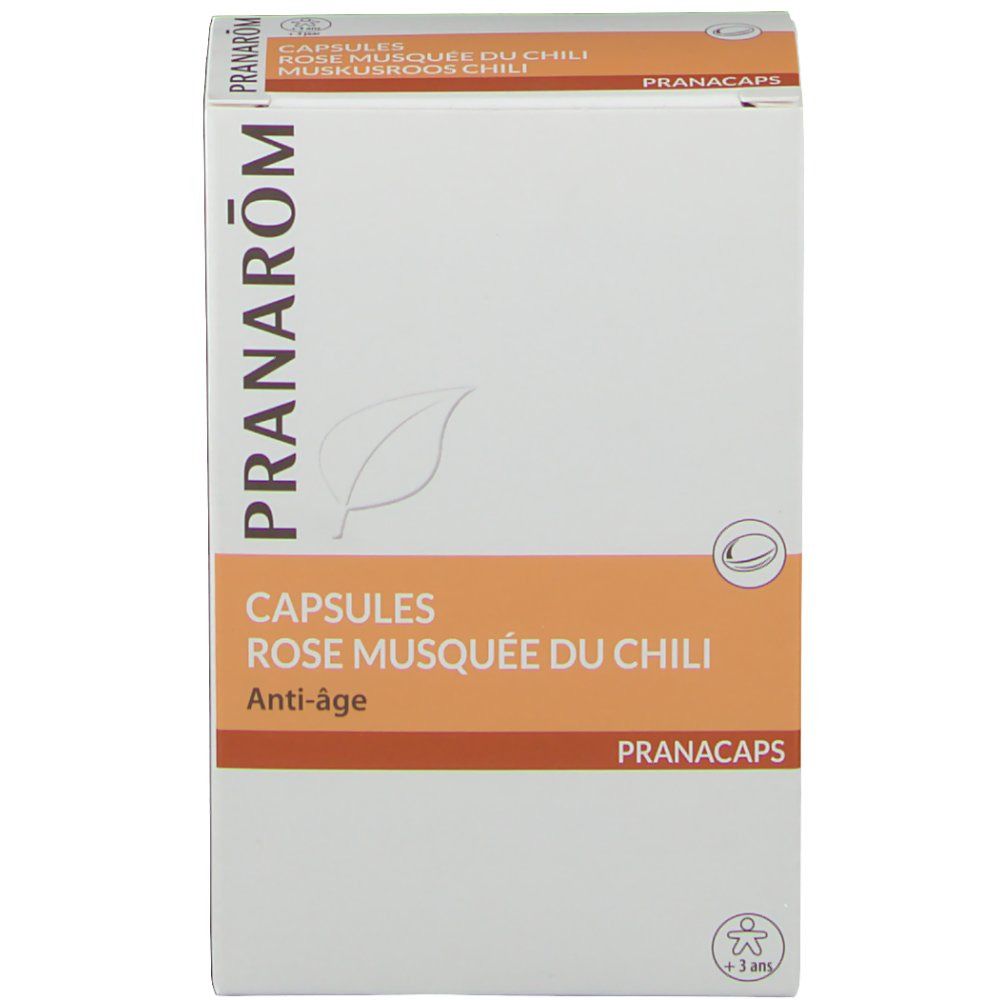 Boîte en carton, blanche et orange. Inscription: Pranarom, Capsules Rose Musquée du Chili, Anti-âge. Logo.