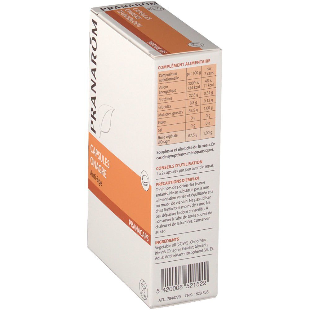 Boîte en carton, vue latérale. Texte avec informations nutritionnelles et ingrédients. Marque Pranarôm. Nom du produit "CAPSULES ONAGRE".