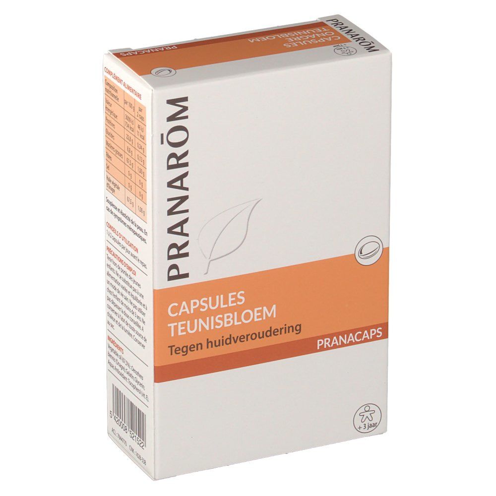 Boîte en carton avec nom du produit et inscription "CAPSULES TEUNISBLOEM". Bande orange avec nom du produit. Marque Pranarôm.