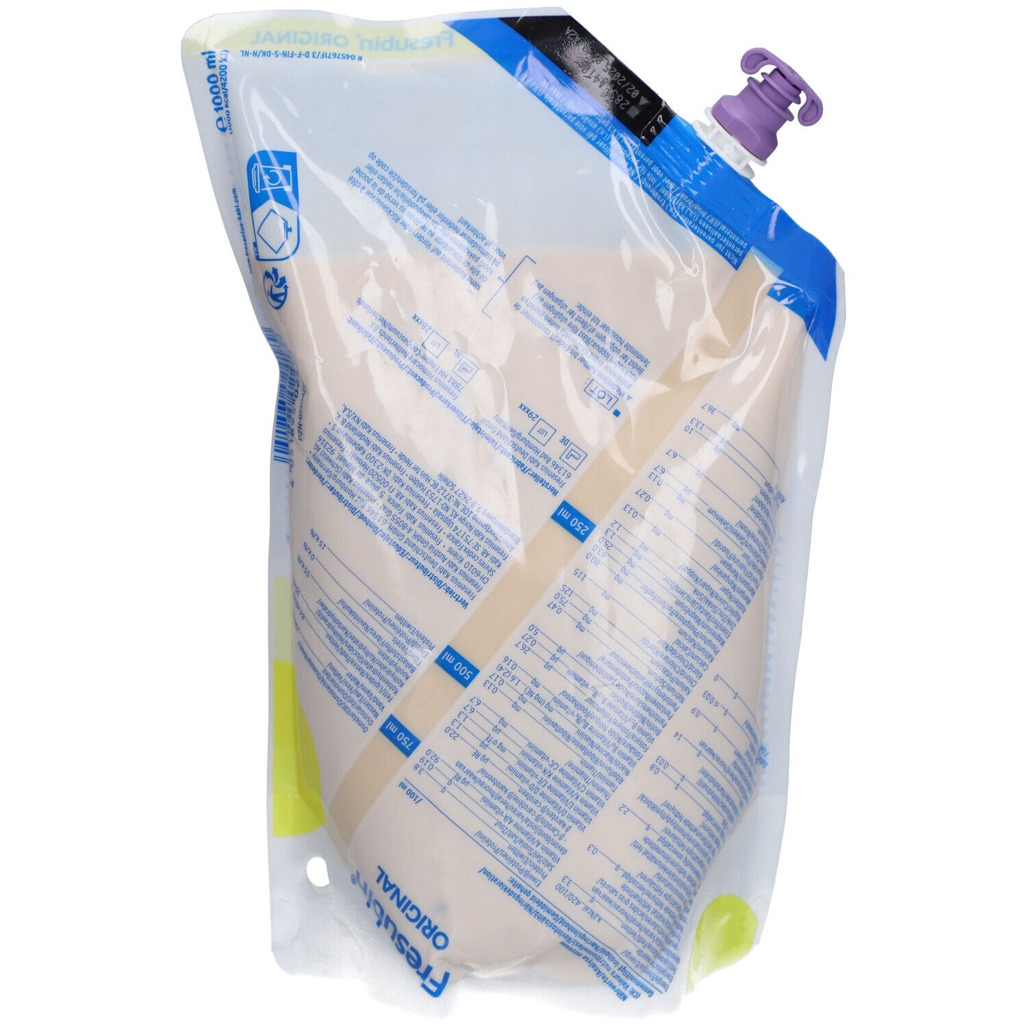 Poche de Fresubin Original. Fermeture violette en haut. Impression avec nom du produit et échelle.