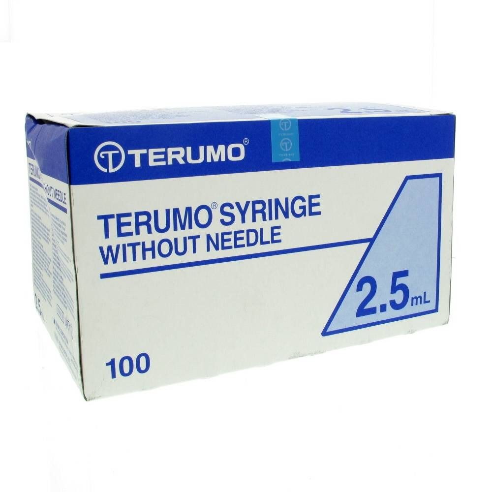 Boîte de seringues TERUMO sans aiguille. 2,5 ml. 100 unités. Emballage bleu et blanc avec logo et nom du produit.
