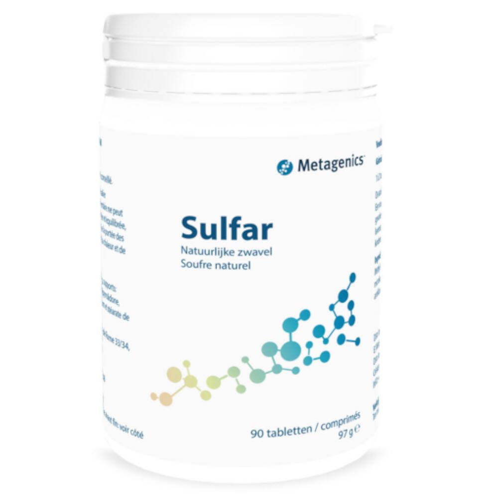 Boîte blanche Sulfar. Logo Metagenics. 90 comprimés. Soufre naturel.
