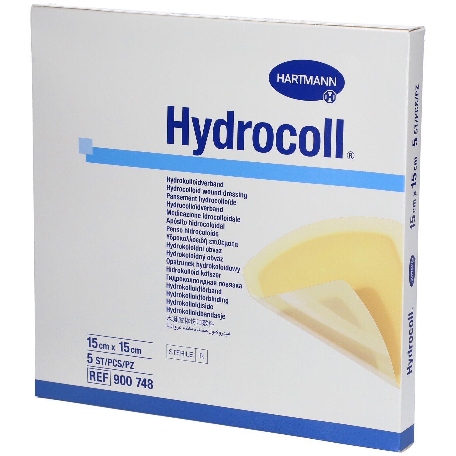 Verpakking HARTMANN Hydrocoll, 15 x 15 cm, 5 stuks. Productnaam, afmetingen en logo duidelijk zichtbaar.