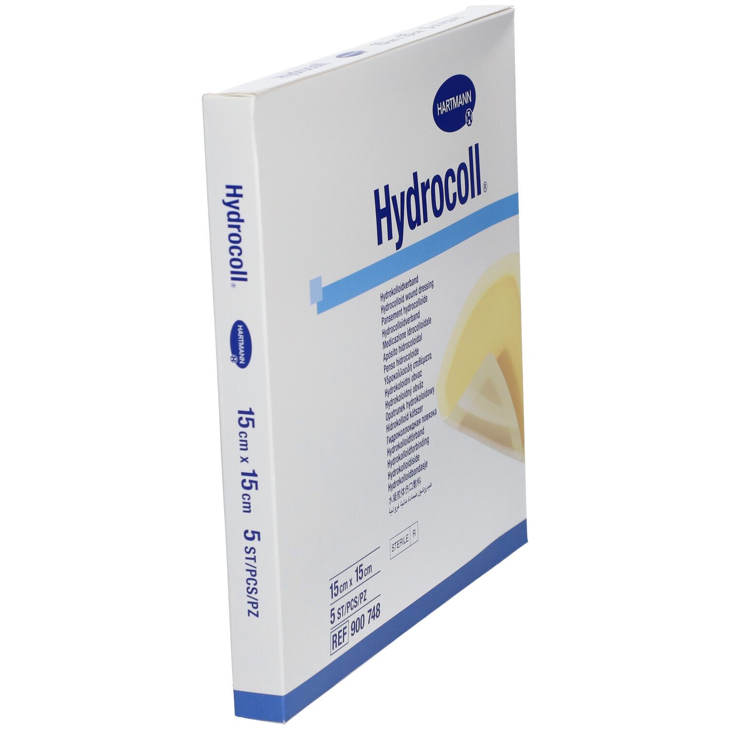 HARTMANN Hydrocoll verpakking, 15 x 15 cm, 5 stuks. Productnaam, afmetingen en logo zichtbaar.