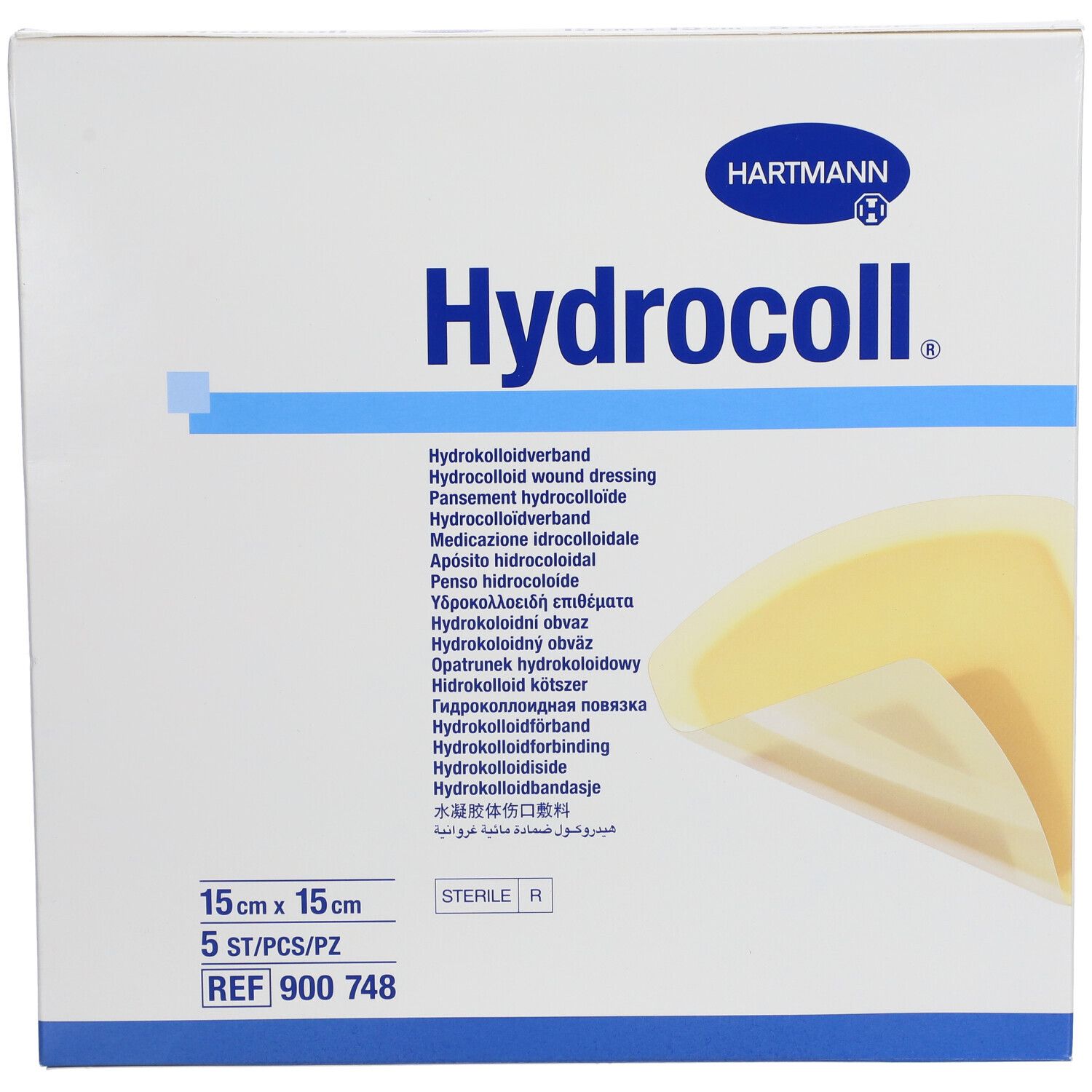 HARTMANN Hydrocoll verpakking, 15 x 15 cm, 5 stuks. Productnaam, afmetingen en logo zichtbaar.