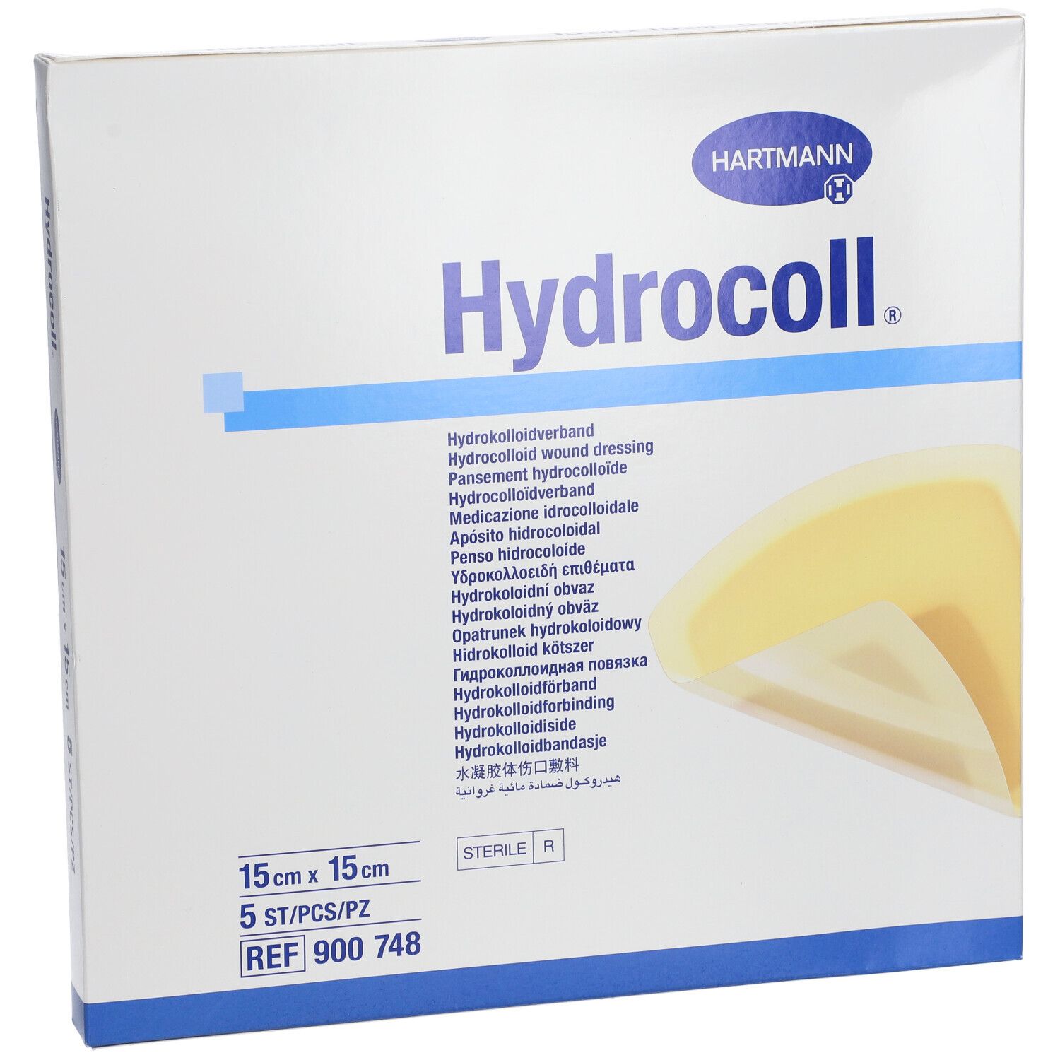 HARTMANN Hydrocoll verpakking, 15 x 15 cm, 5 stuks. Productnaam, afmetingen en logo zichtbaar.