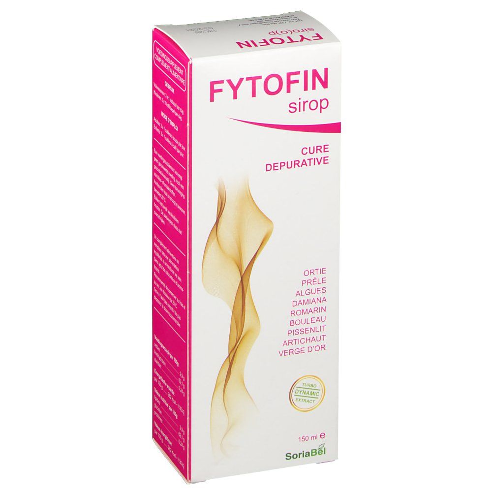 Boîte blanche et rose. Inscription : Fytofin sirop. Contient des herbes. 150 ml. Logo SoriaBel.