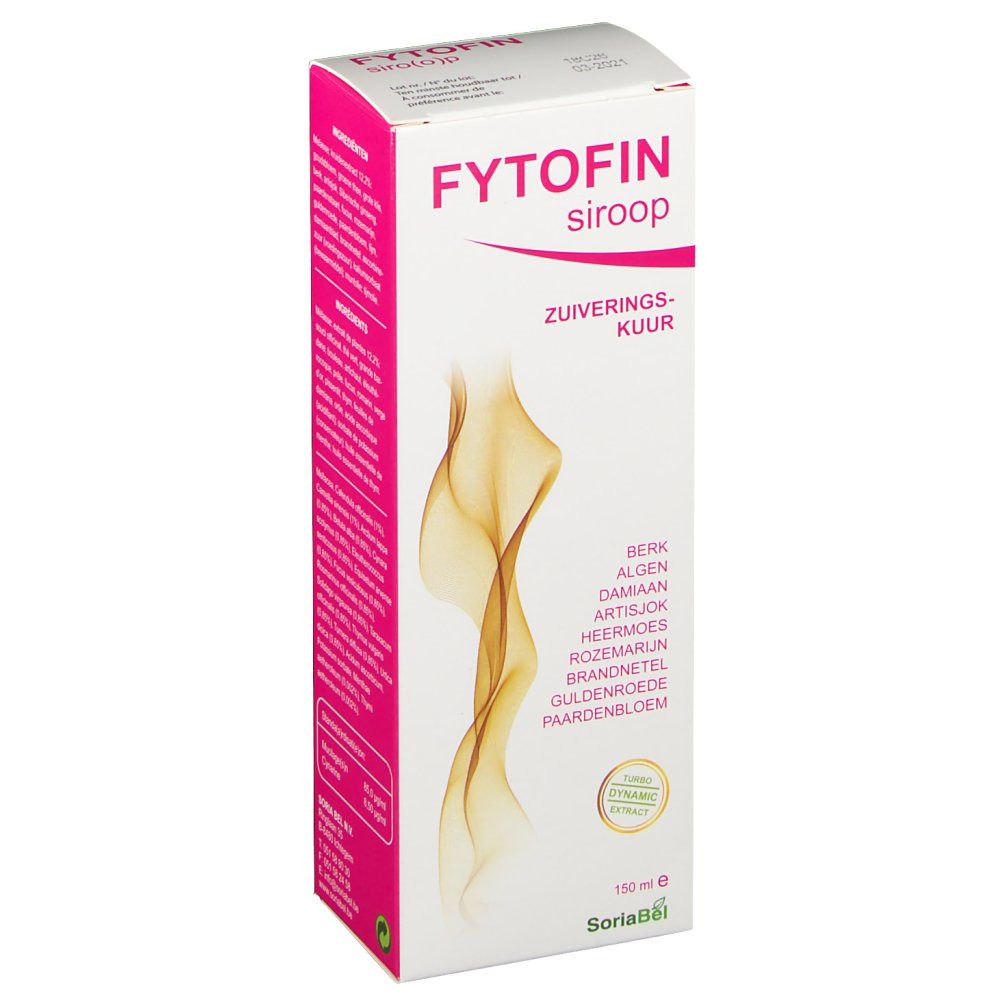 Boîte blanche et rose. Inscription : Fytofin sirop. Contient des herbes. 150 ml. Logo SoriaBel.