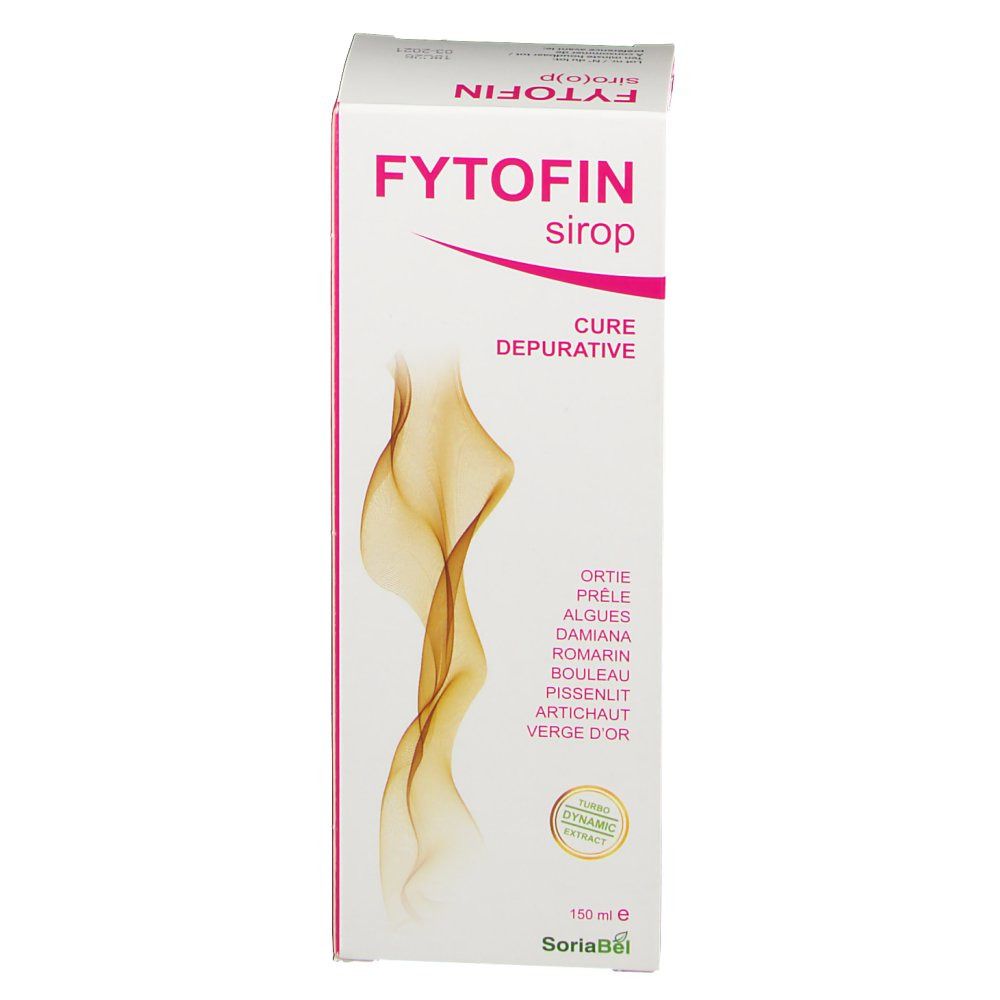 Boîte blanche et rose. Inscription : Fytofin sirop. Contient des herbes. 150 ml. Logo SoriaBel.