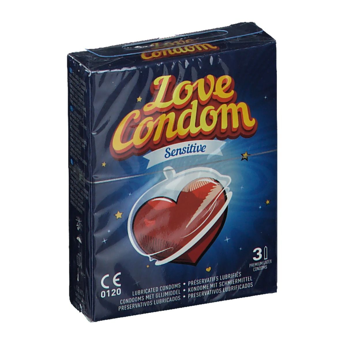 Confezione di Love Condom Sensitive. Scatola blu con cuore rosso. Contiene 30 preservativi. Marchio CE.