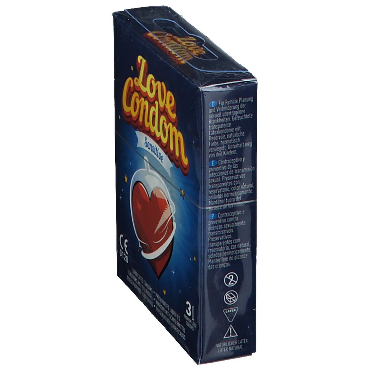 Confezione Love Condom Sensitive, angolata. Scatola blu con cuore rosso. Testo e marchio CE visibili.