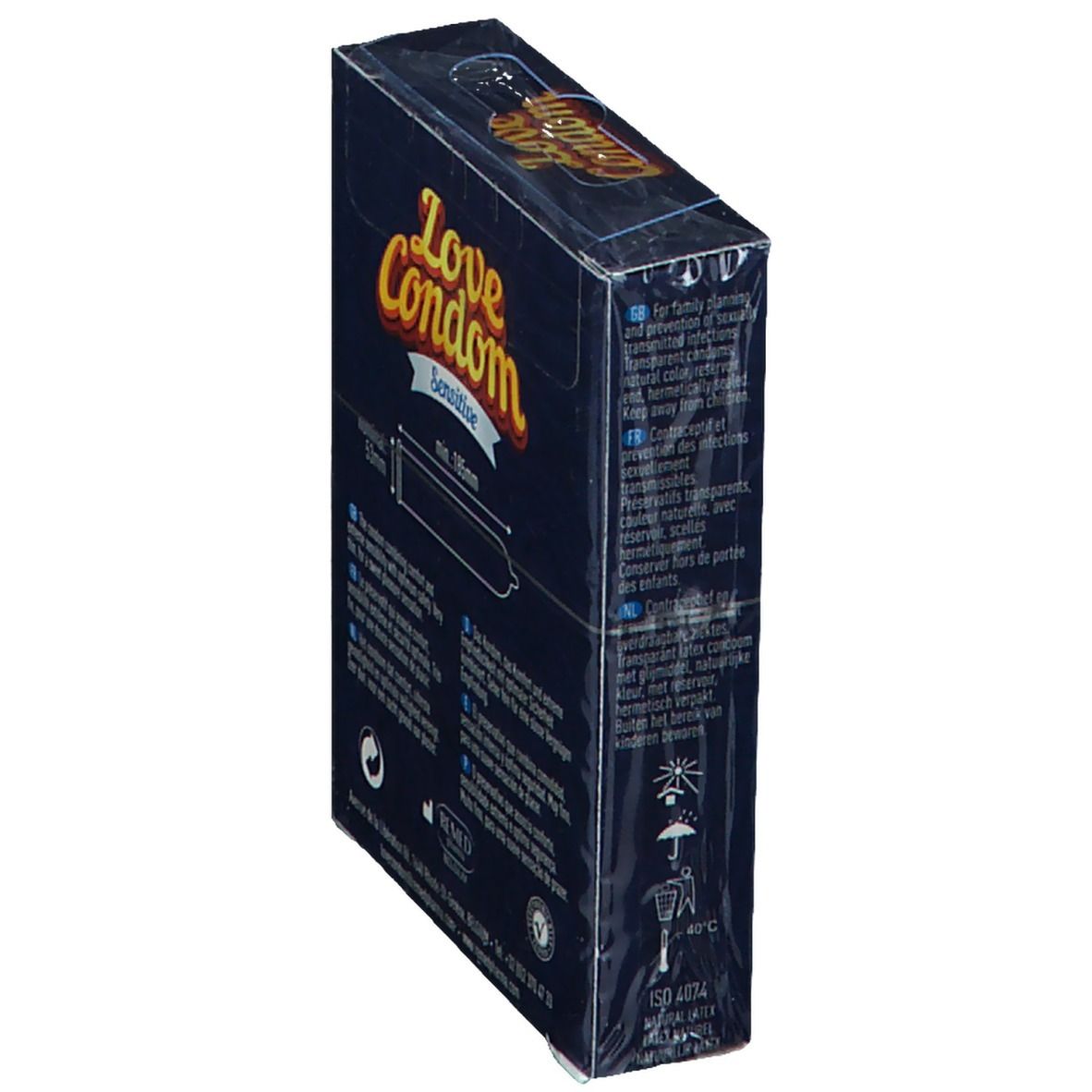 Confezione Love Condom Sensitive, angolata. Scatola blu con informazioni sul prodotto e illustrazione del preservativo.