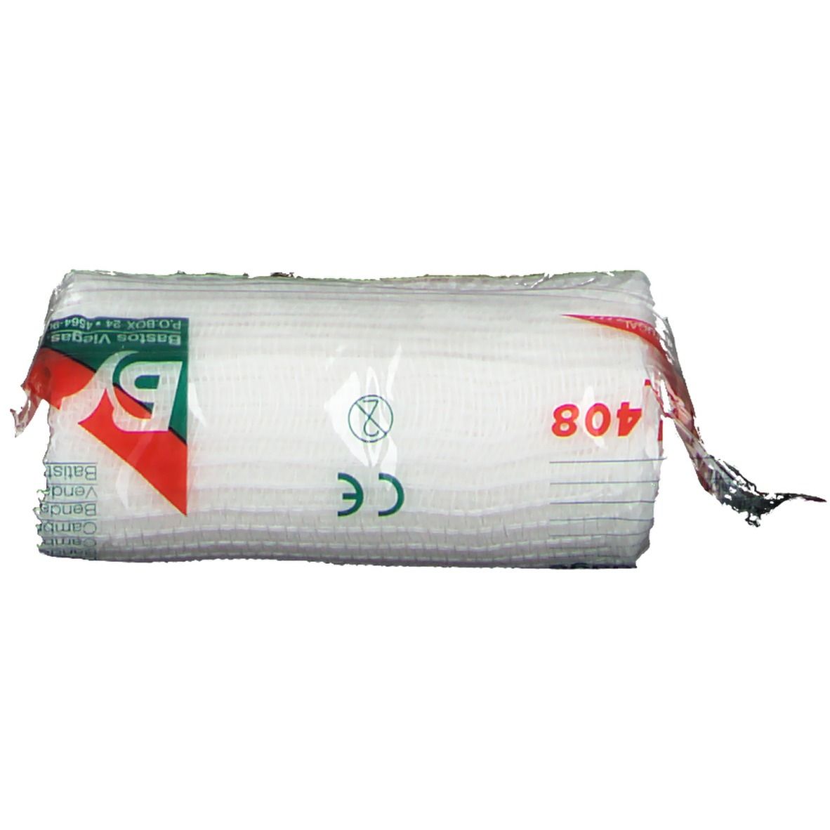 Verbandrolle in Folie. Aufdruck: 408, CE-Zeichen, Logo. Hersteller: Bastos Viegas, Portugal.