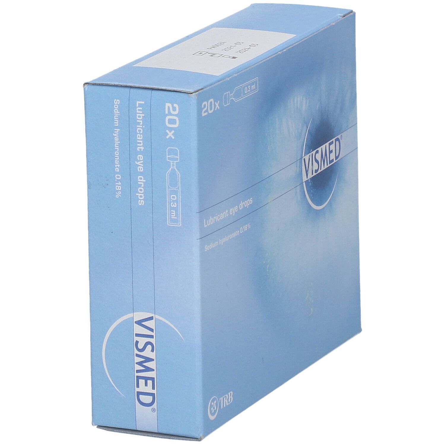 Boîte avec logo Vismed, vue latérale. Contient 20 unidoses. Inscription : Lubricant eye drops. Emballage bleu et blanc.