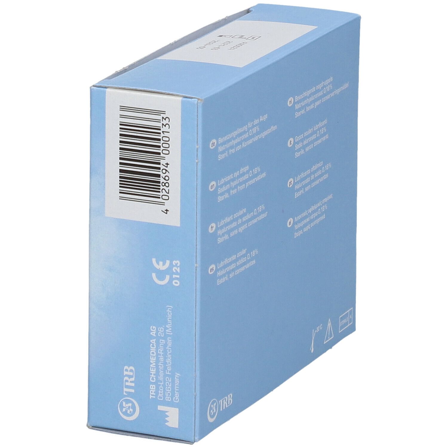 Vue latérale de la boîte Vismed avec code-barres et informations du fabricant. Emballage bleu et blanc.