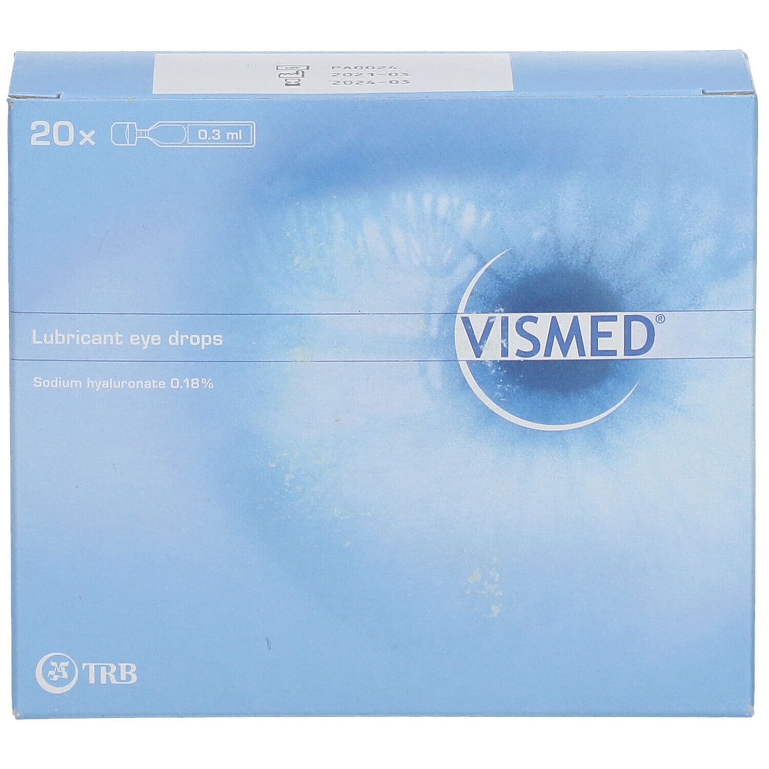 Vue de face de la boîte Vismed. Contient 20 unidoses. Inscription : Lubricant eye drops. Emballage bleu et blanc.
