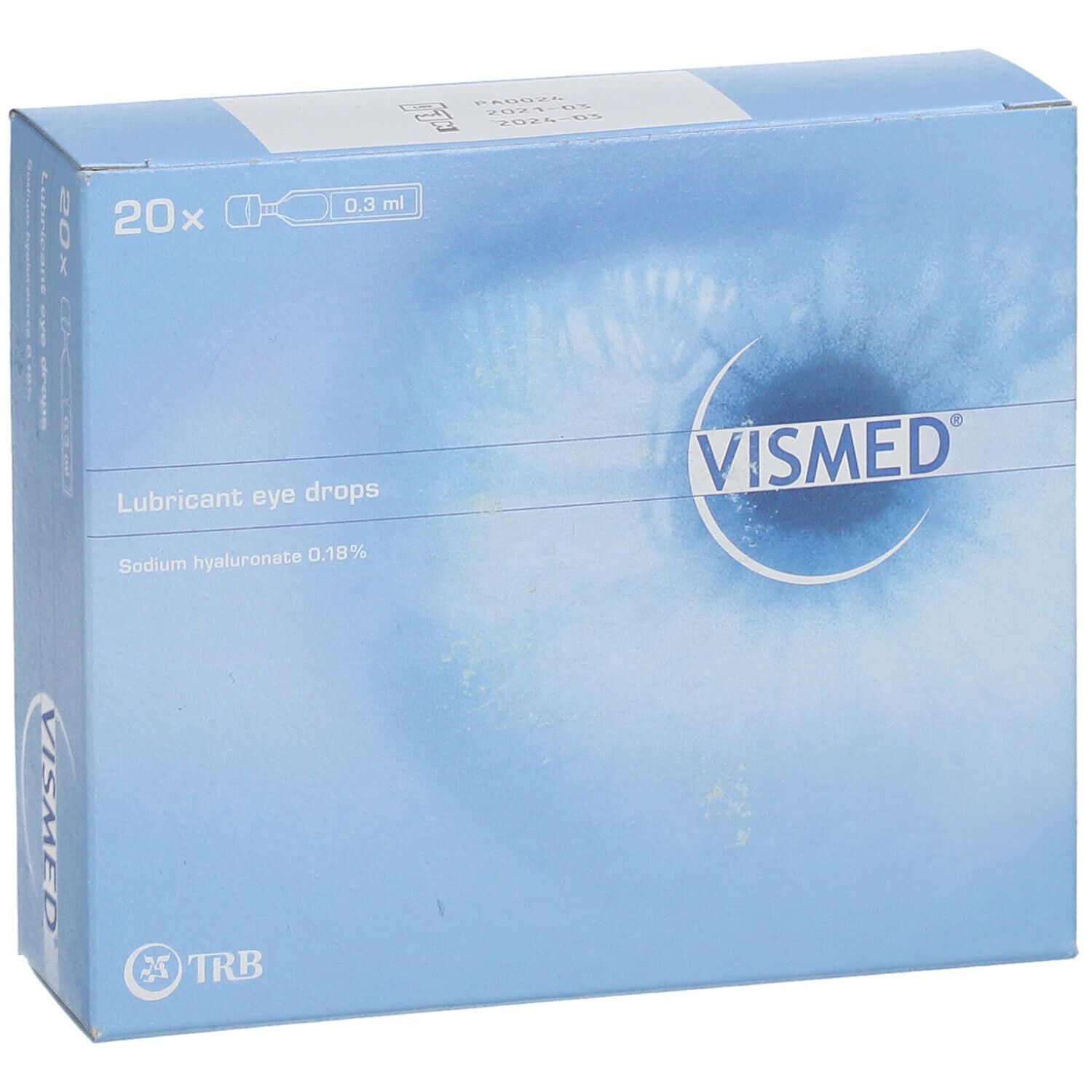 Vue de face de la boîte Vismed. Contient 20 unidoses. Inscription : Lubricant eye drops. Emballage bleu et blanc.