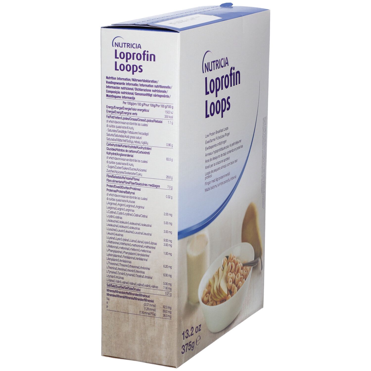 Seitenansicht der Loprofin Loops Verpackung. Aufschrift: Nutricia, Loprofin Loops, Nährwertangaben, 13.2 oz, 375g. Abgebildet: Schüssel mit Loops, Glas Milch, Birne.