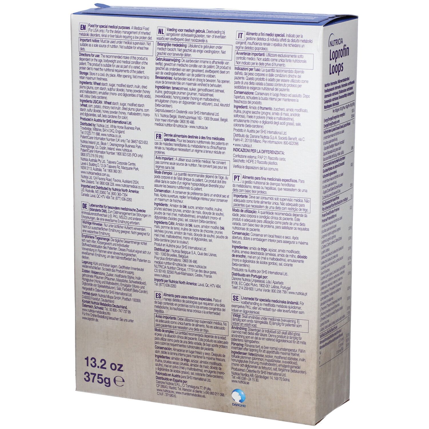 Rückseite der Loprofin Loops Verpackung. Text in verschiedenen Sprachen. Aufschrift: 13.2 oz, 375g.
