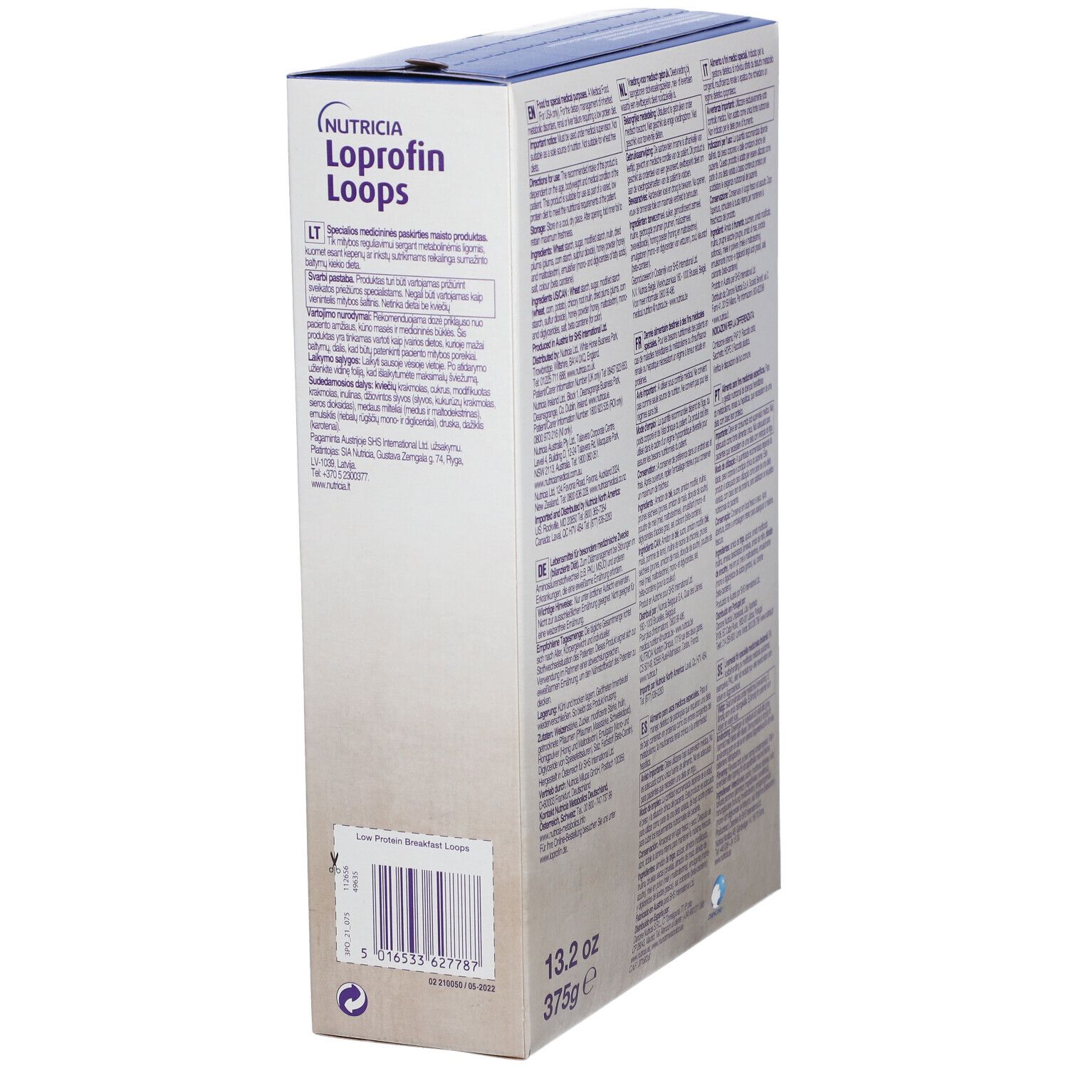 Seitenansicht der Loprofin Loops Verpackung. Text in verschiedenen Sprachen. Aufschrift: 13.2 oz, 375g.