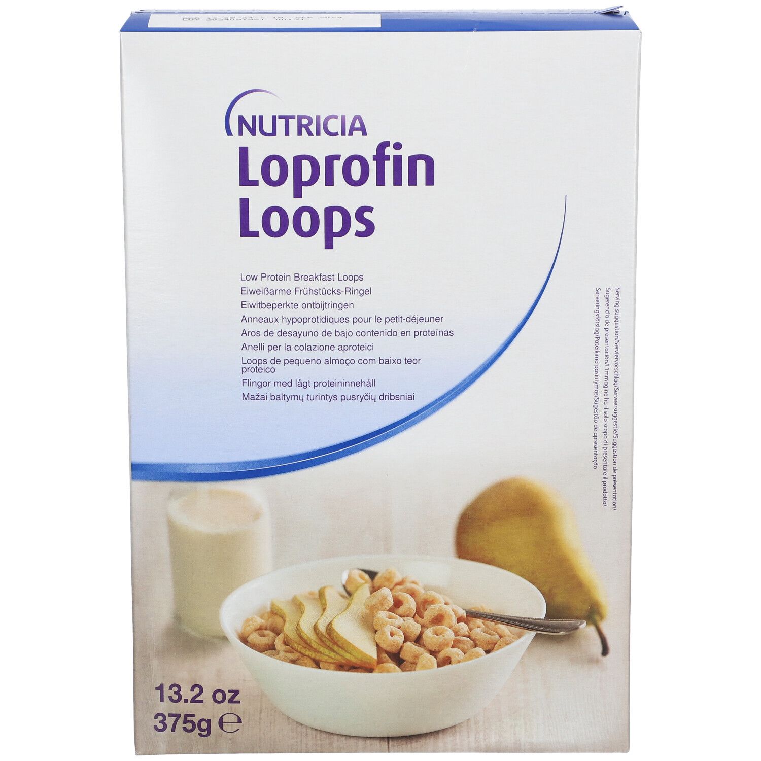 Kartonverpackung von Loprofin Loops. Aufschrift: Nutricia, Loprofin Loops, 13.2 oz, 375g. Abgebildet: Schüssel mit Loops, Birne, Glas Milch.