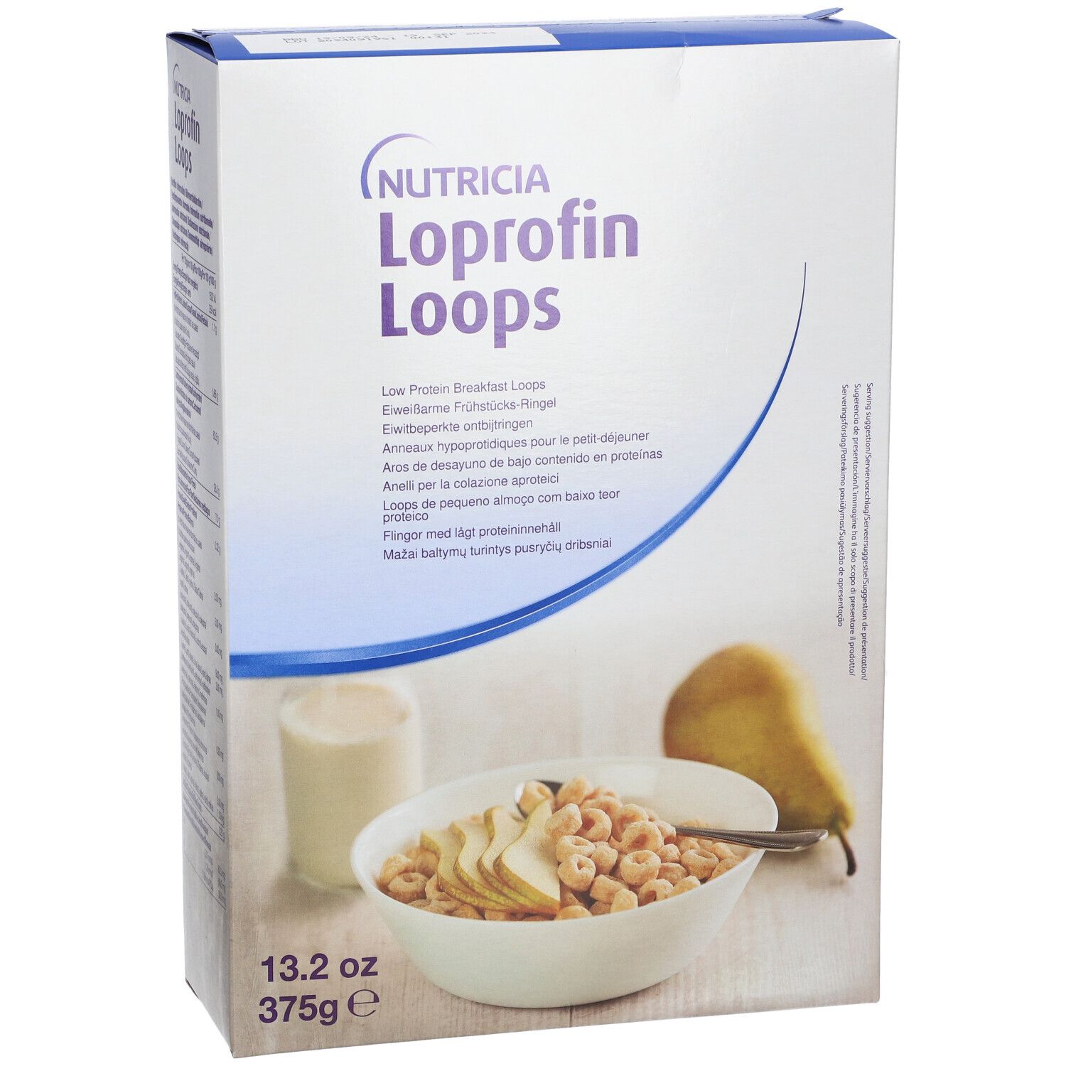 Kartonverpackung von Loprofin Loops. Aufschrift: Nutricia, Loprofin Loops, 13.2 oz, 375g. Abgebildet: Schüssel mit Loops, Birne, Glas Milch.