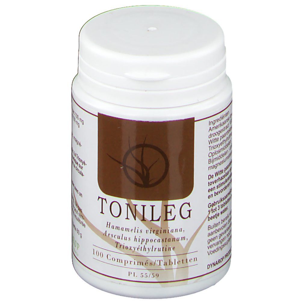 Flacon blanc avec étiquette marron. Inscription: TONILEG, 100 comprimés. Liste des ingrédients et logo.