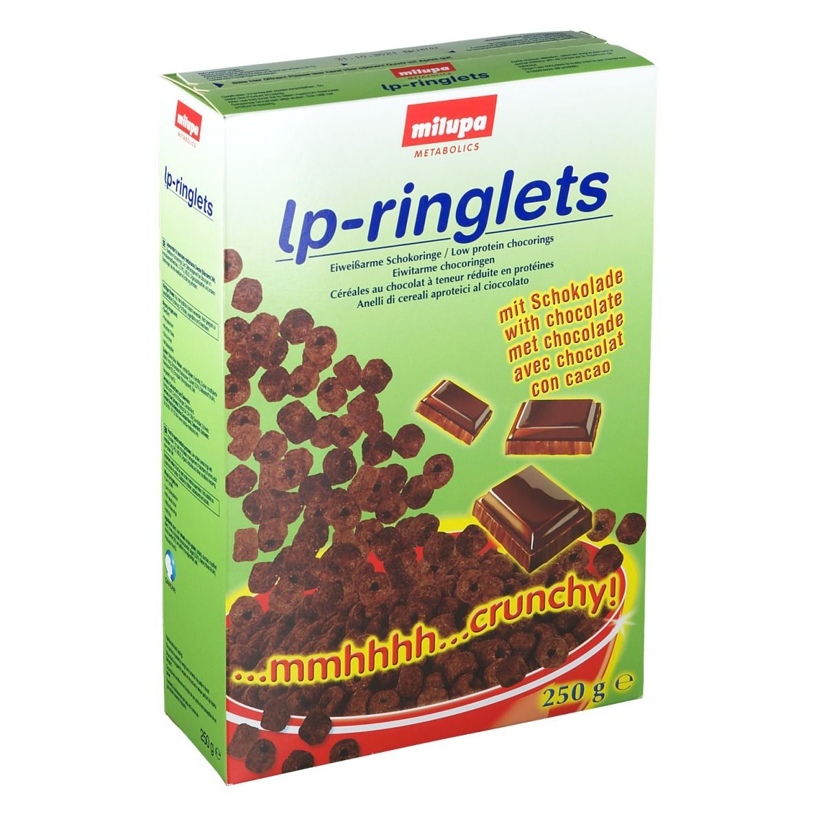 Boîte de céréales lp-ringlets. Visuel de céréales en forme d'anneaux et de morceaux de chocolat. Inscription : avec chocolat.
