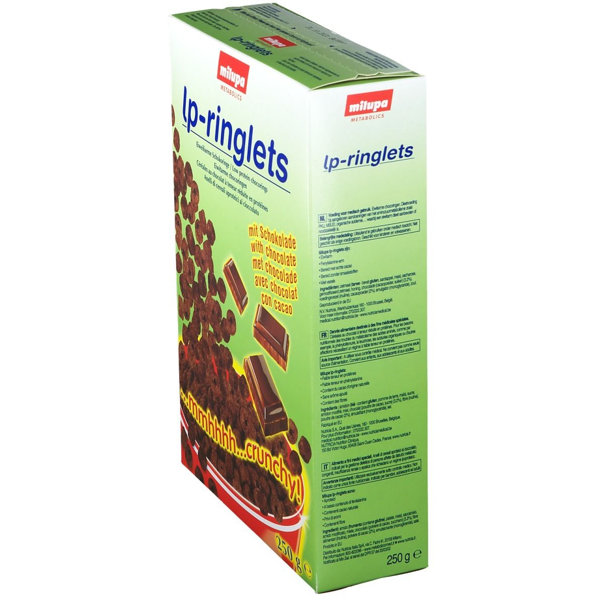 Boîte de céréales lp-ringlets, vue latérale. Inscription : avec chocolat. Contenance : 250g.