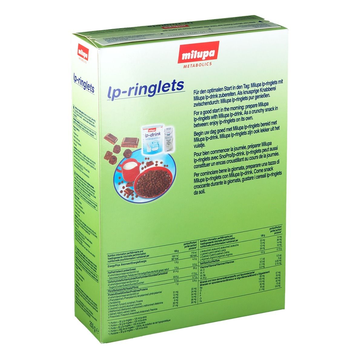 Dos de la boîte de céréales lp-ringlets. Texte et informations nutritionnelles. Visuel de céréales.
